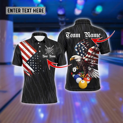 American Flag Eagle Billiards Polo Shirt, Custom Name Men’s Polo & Zip Pool Jersey, Patriotic Retro Sportswear Team Shirt.