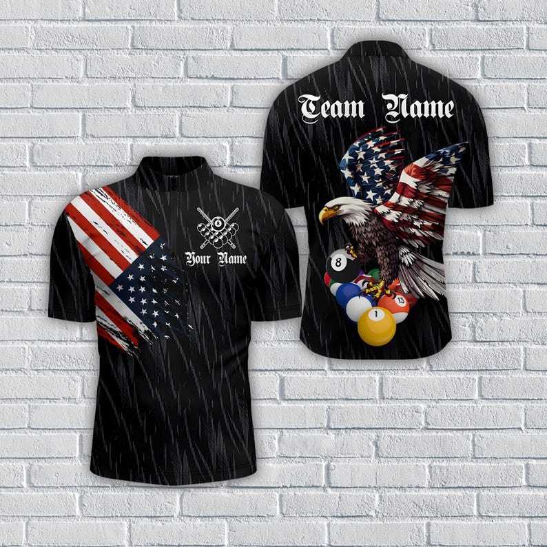 American Flag Eagle Billiards Polo Shirt, Custom Name Men’s Polo & Zip Pool Jersey, Patriotic Retro Sportswear Team Shirt.