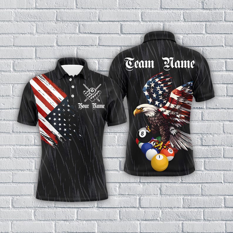 American Flag Eagle Billiards Polo Shirt, Custom Name Men’s Polo & Zip Pool Jersey, Patriotic Retro Sportswear Team Shirt.