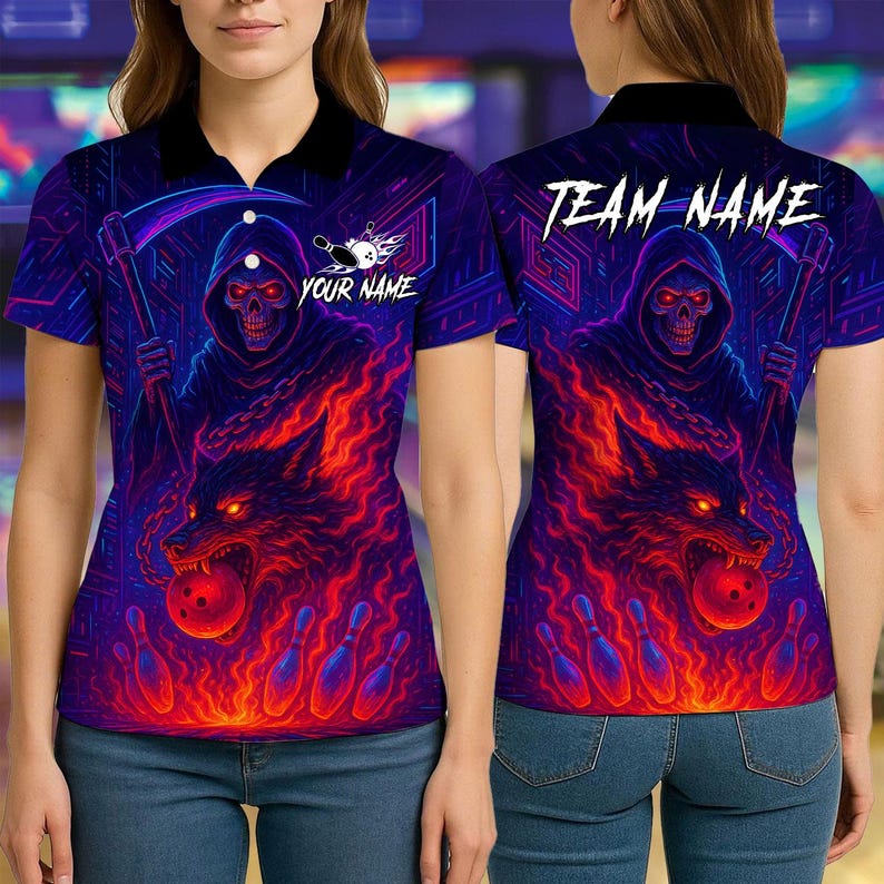 Custom Bowling Polo Shirt, Flame Grim Reaper With Fire Wolf Design, Personalized Bowling Polo for Men Women, Personalized Name Team 3D Shirt