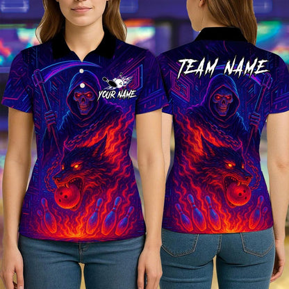 Custom Bowling Polo Shirt, Flame Grim Reaper With Fire Wolf Design, Personalized Bowling Polo for Men Women, Personalized Name Team 3D Shirt