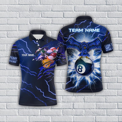 Custom Blue 3D Men’s Pool Shirt, Personalized Eagle Thunder 8 Ball Billiards Polo, Unique Billiards Team Jersey, Gift for Friends.