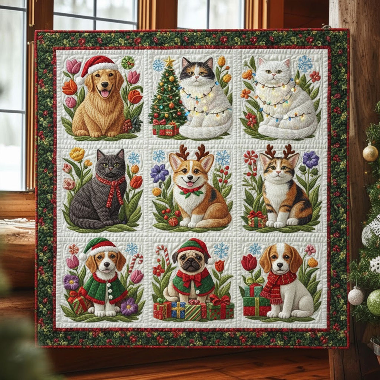 Cozy Pets Patchwork Christmas Quilt — Dogs, Cats & Gift Boxes Winter Blanket