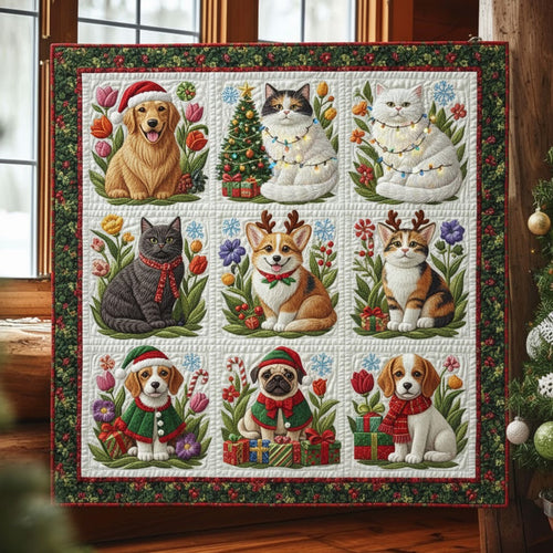 Cozy Pets Patchwork Christmas Quilt — Dogs, Cats & Gift Boxes Winter Blanket