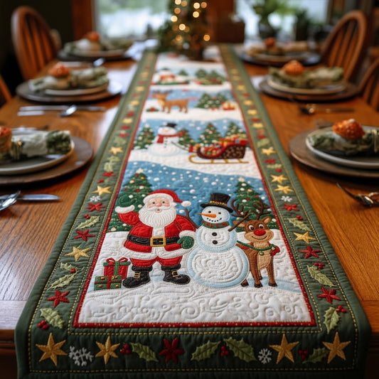 Santa, Snowman & Reindeer Winter Table Runner — Green Christmas Quilted Decor