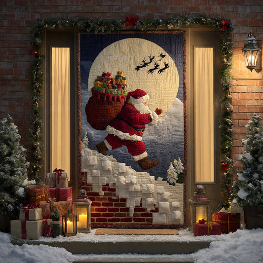 Santa Climbing Rooftop by Full Moon — Vintage Christmas Door Cover, Outdoor Porch Décor