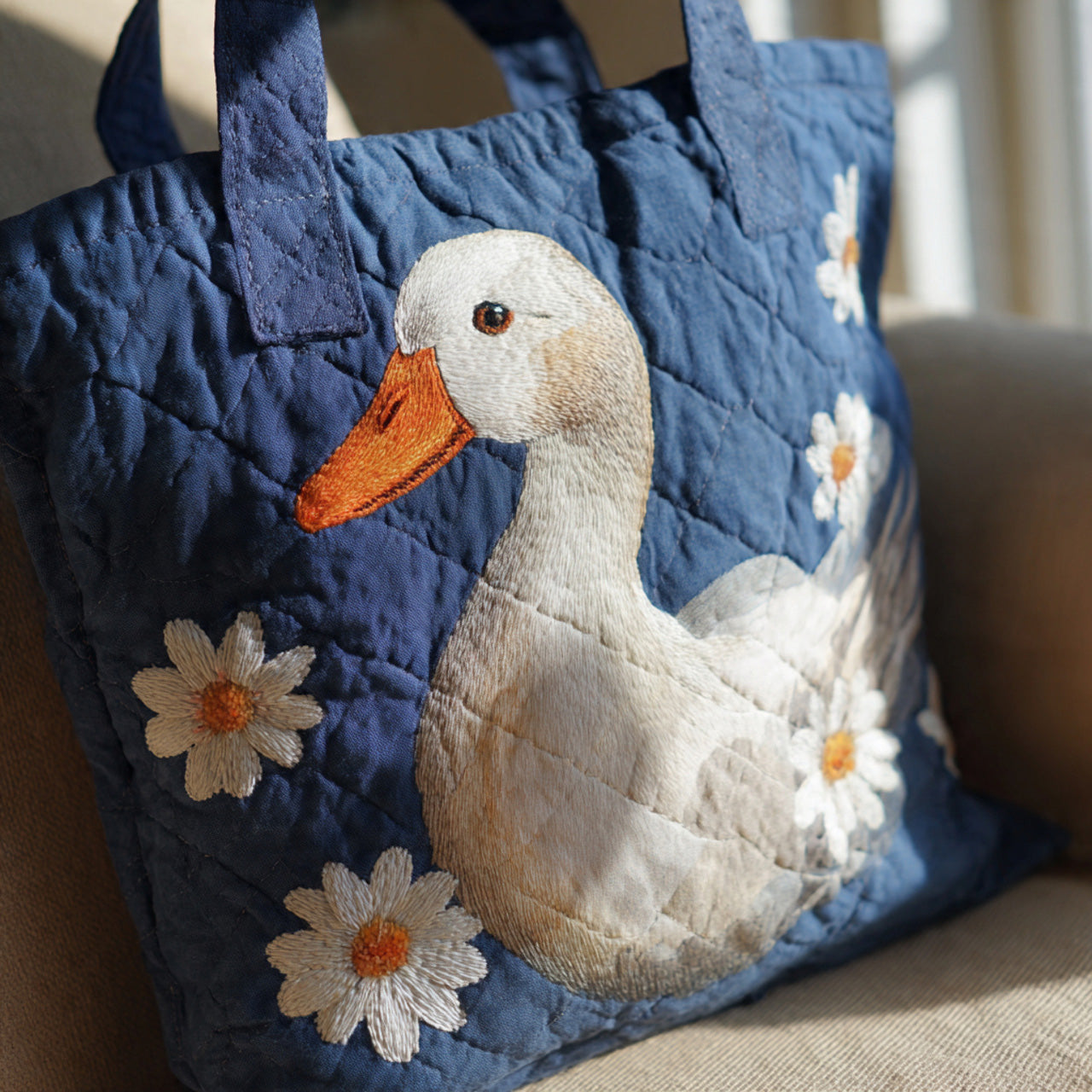 Daisy Goose Quilted Tote Bag – Denim Blue