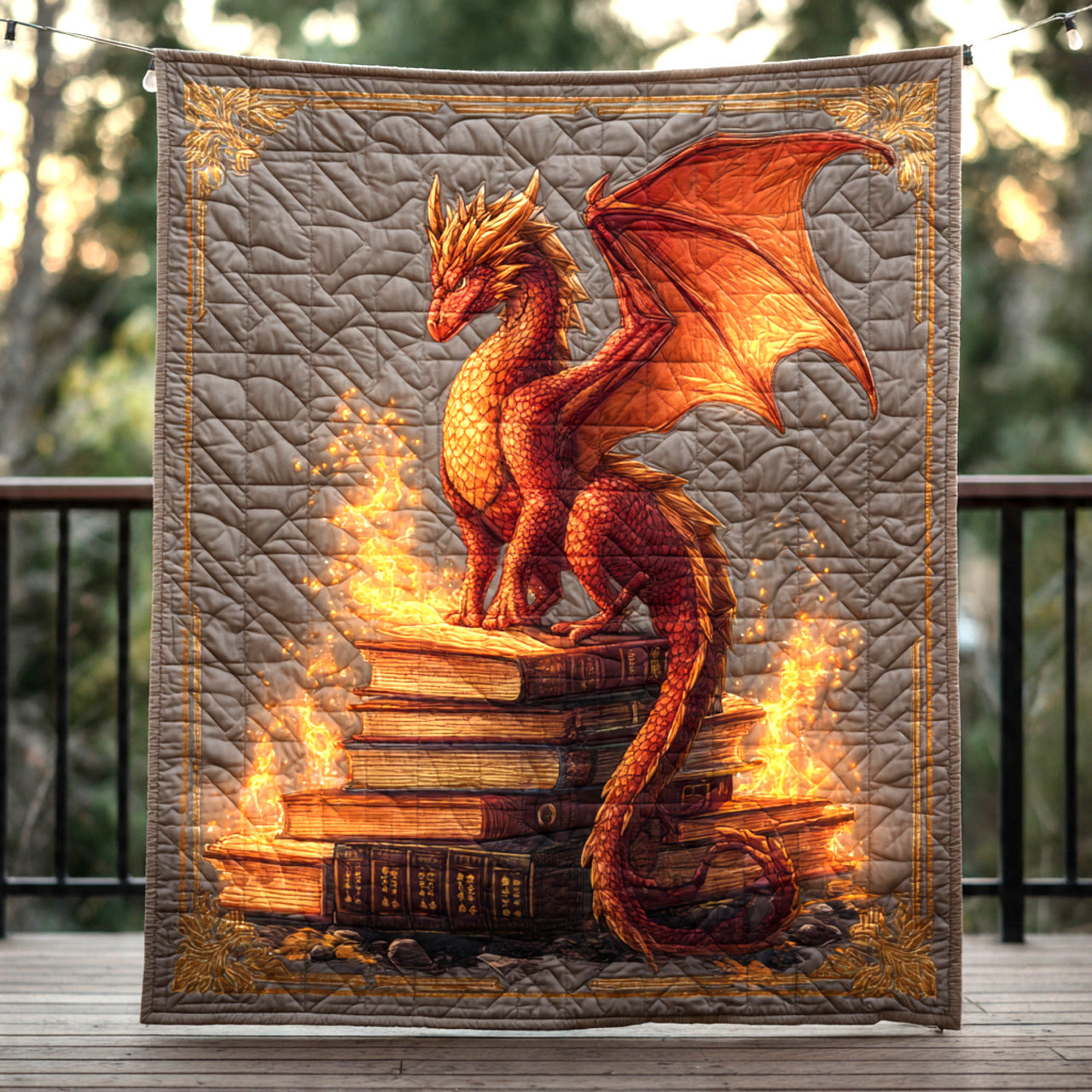 Inferno Library Wyrm — Premium Dragon Quilt Blanket