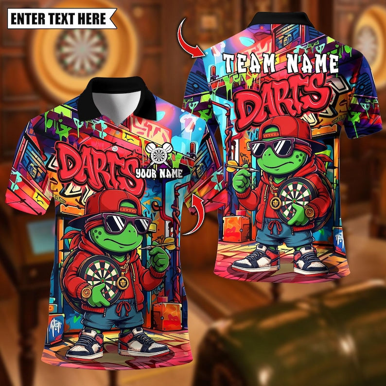 Personalized Name Dart Polo Shirt, Cool Hip-Hop Turtle With Dartboard Design ,Custom Team Shirt for Men, Gift for Darts Players