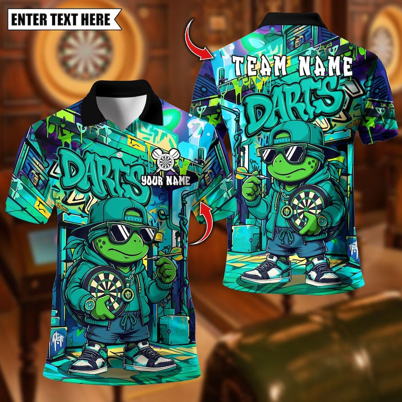 Personalized Name Dart Polo Shirt, Cool Hip-Hop Turtle With Dartboard Design ,Custom Team Shirt for Men, Gift for Darts Players