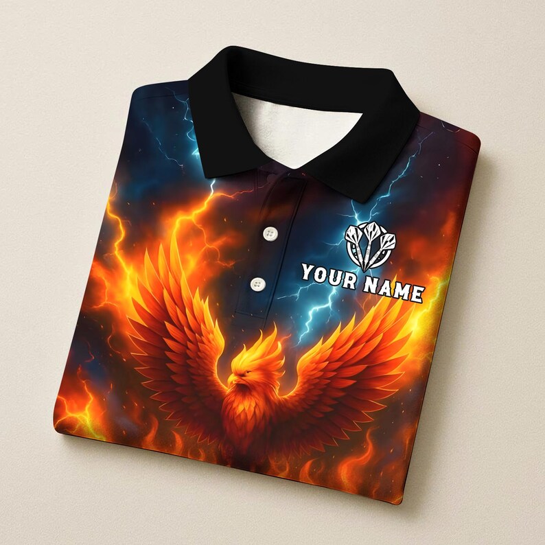 Personalized Name Dart Polo Shirt, Fire Flame Phoenix With Dartboard Design ,Custom Team Shirt for Men, Gift for Darts Players