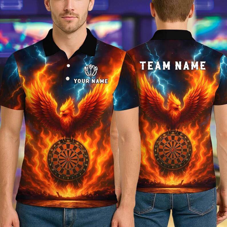 Personalized Name Dart Polo Shirt, Fire Flame Phoenix With Dartboard Design ,Custom Team Shirt for Men, Gift for Darts Players