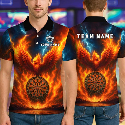 Personalized Name Dart Polo Shirt, Fire Flame Phoenix With Dartboard Design ,Custom Team Shirt for Men, Gift for Darts Players