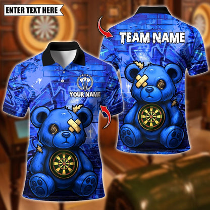 Personalized Name Dart Polo Shirt, Darts Bear Graffity Design ,Custom Team Shirt for Men, Gift for Darts Players