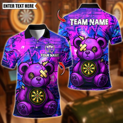 Personalized Name Dart Polo Shirt, Darts Bear Graffity Design ,Custom Team Shirt for Men, Gift for Darts Players
