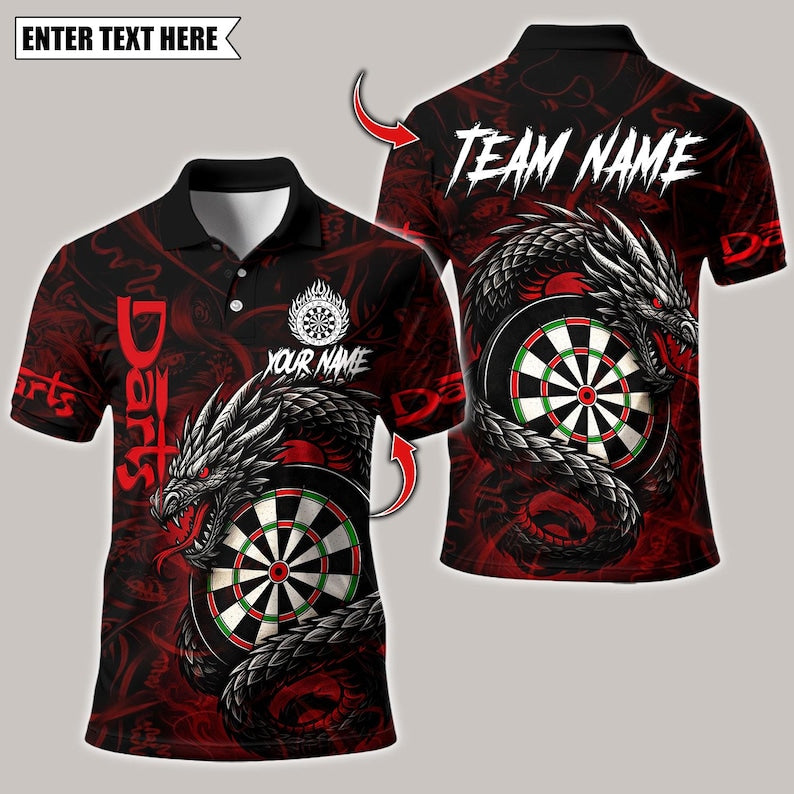Personalized Name Dart Polo Shirt, Darts Custom Black And Blue Flame Dragon Design ,Custom Team Shirt for Men, Gift for Darts Players