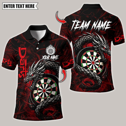 Personalized Name Dart Polo Shirt, Darts Custom Black And Blue Flame Dragon Design ,Custom Team Shirt for Men, Gift for Darts Players