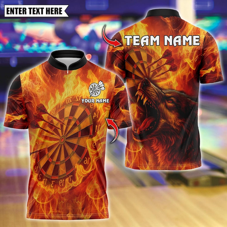 Personalized Name Dart Polo Shirt, Flame Wolf Bullseye With Dartboard Design ,Custom Team Shirt for Men, Gift for Darts Players