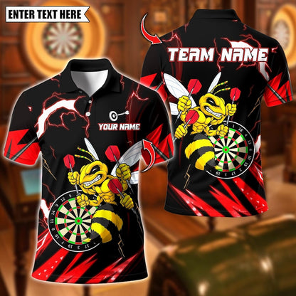 Personalized Name Dart Polo Shirt, Yellow Hornet Power With Thunder Dartboard Design ,Custom Team Shirt for Men, Gift for Darts Players
