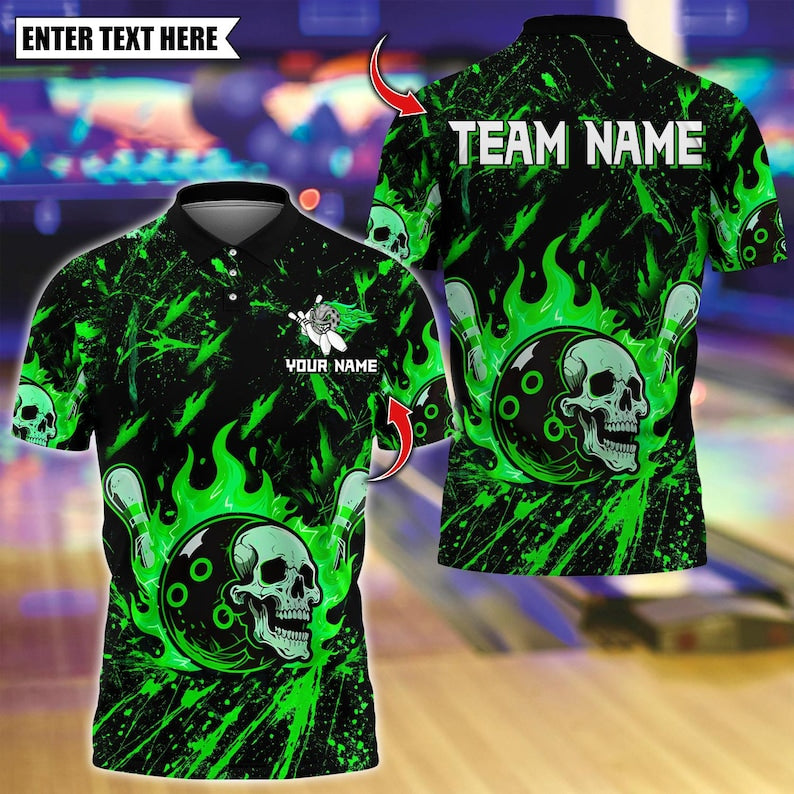 Custom Bowling Polo Shirt, Flame Skull Bowling Design, Personalized Bowling Polo for Men Women, Personalized Name Team 3D Shirt