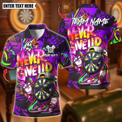 Personalized Name Dart Polo Shirt, Graffiti Darts Funny Never Give Up Design ,Custom Team Shirt for Men, Gift for Darts Players