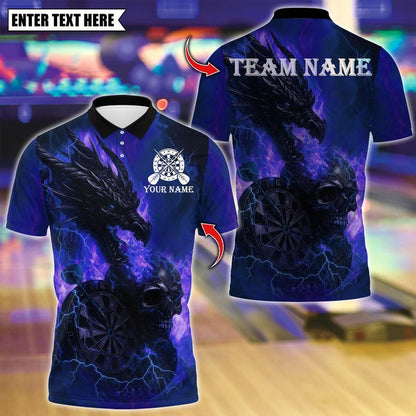 Personalized Name Dart Polo Shirt, Flame Dragon And Skull With Dartboard Design ,Custom Team Shirt for Men, Gift for Darts Players