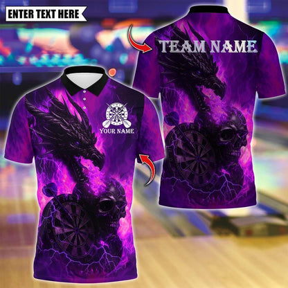 Personalized Name Dart Polo Shirt, Flame Dragon And Skull With Dartboard Design ,Custom Team Shirt for Men, Gift for Darts Players