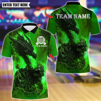 Personalized Name Dart Polo Shirt, Flame Dragon And Skull With Dartboard Design ,Custom Team Shirt for Men, Gift for Darts Players