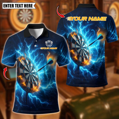 Personalized Name Dart Polo Shirt, Thunder Lightning With Dartboard Design ,Custom Team Shirt for Men, Gift for Darts Players