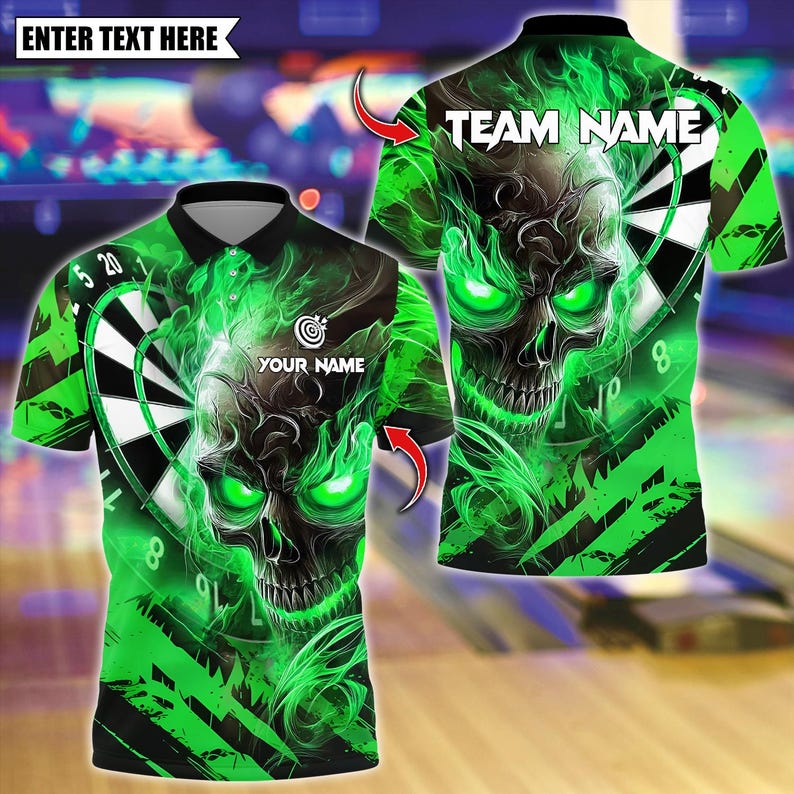 Personalized Name Dart Polo Shirt, Dark Vibes Mystery Flame Skull With Dartboard Design ,Custom Team Shirt for Men, Gift for Darts Players