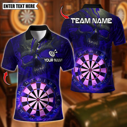 Personalized Name Dart Polo Shirt, Dark Vibes Mystery Skull With Dartboard Design ,Custom Team Shirt for Men, Gift for Darts Players