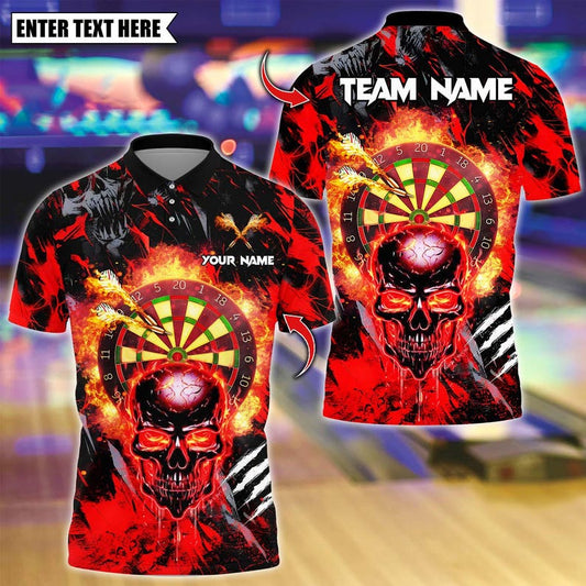 Personalized Name Dart Polo Shirt, Dark Vibes Mystery Flame Skull With Dartboard Design ,Custom Team Shirt for Men, Gift for Darts Players