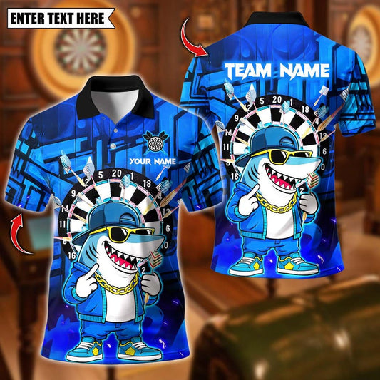 Personalized Name Dart Polo Shirt, Cool Hiphop Shark With Dartboard Design ,Custom Team Shirt for Men, Gift for Darts Players