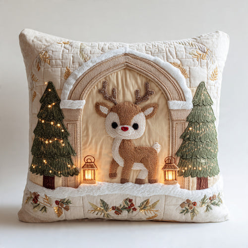 Cute Baby Reindeer LED Embroidered Cushion – Christmas Woodland Pillow