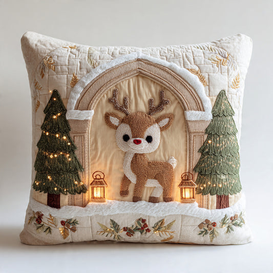 Cute Baby Reindeer LED Embroidered Cushion – Christmas Woodland Pillow