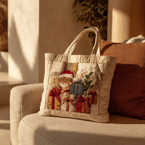 Santa Hat Cat & Gifts Quilted Tote