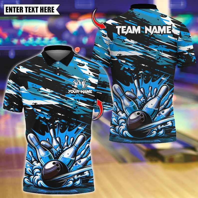 Custom Bowling Polo Shirt, Bowling And Pins Design, Personalized Bowling Polo for Men Women, Personalized Name Team 3D Shirt