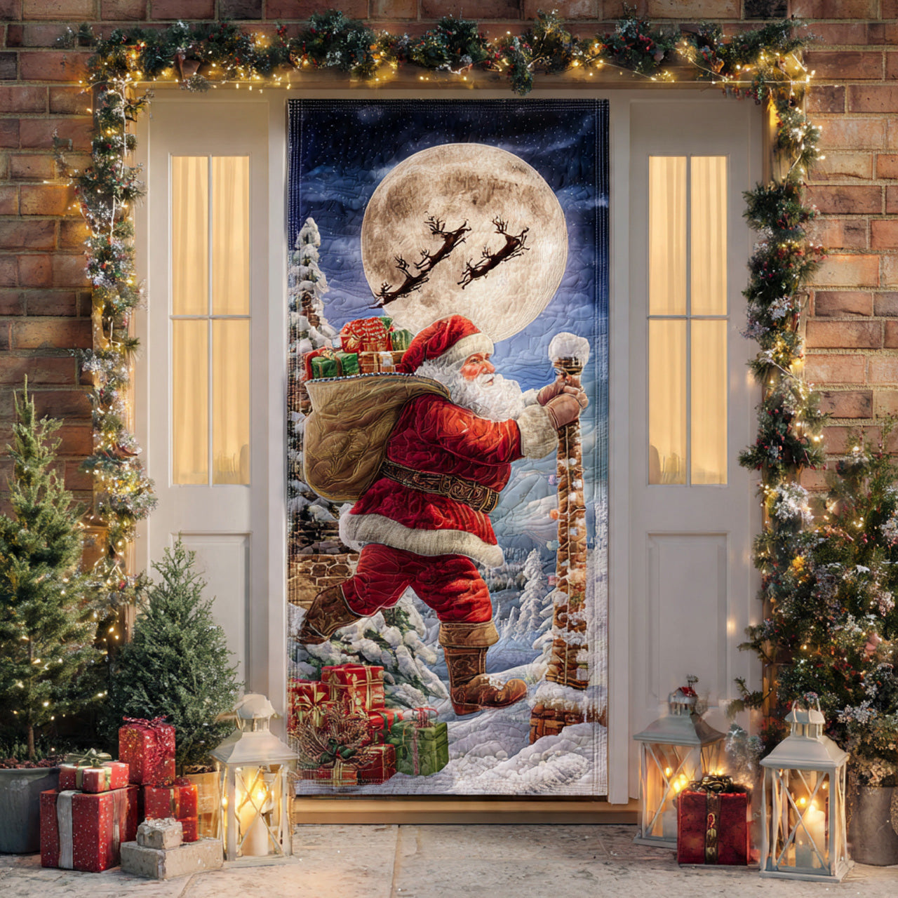 Climbing Santa Under the Full Moon — Holiday Front Door Cover