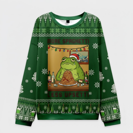 🐸 More Spaghetti Less Upsetti Frog Sweater – Funny Meme Ugly Christmas Jumper