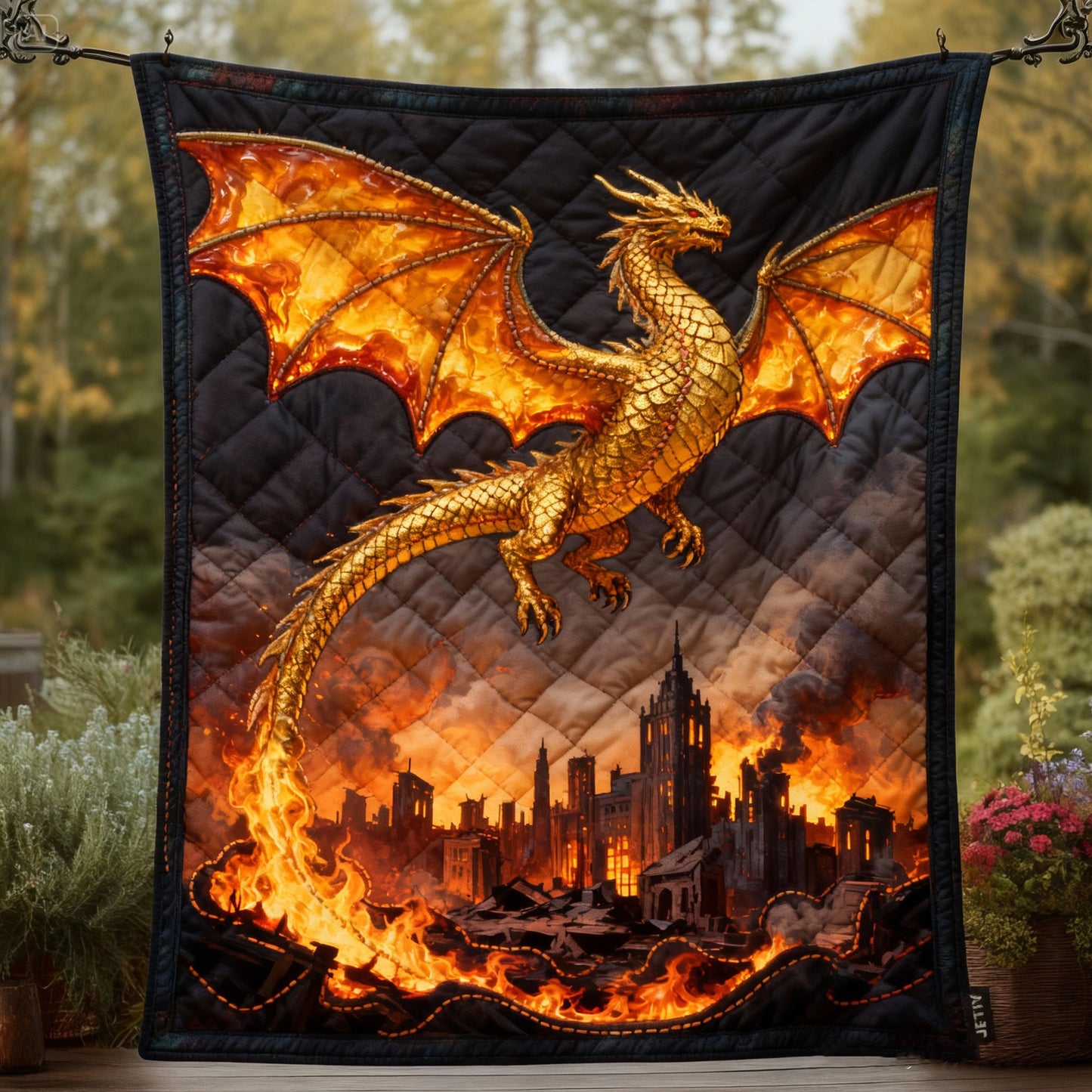 Inferno Gold Dragon Above Ruined City Quilt