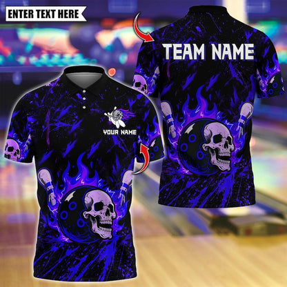 Custom Bowling Polo Shirt, Flame Skull Bowling Design, Personalized Bowling Polo for Men Women, Personalized Name Team 3D Shirt