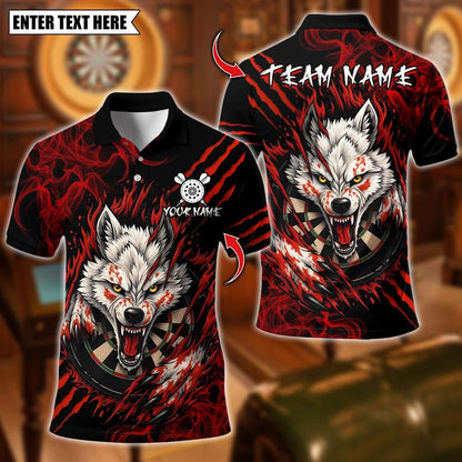 Personalized Name Dart Polo Shirt, White Wolf With Dartboard Design ,Custom Team Shirt for Men, Gift for Darts Players