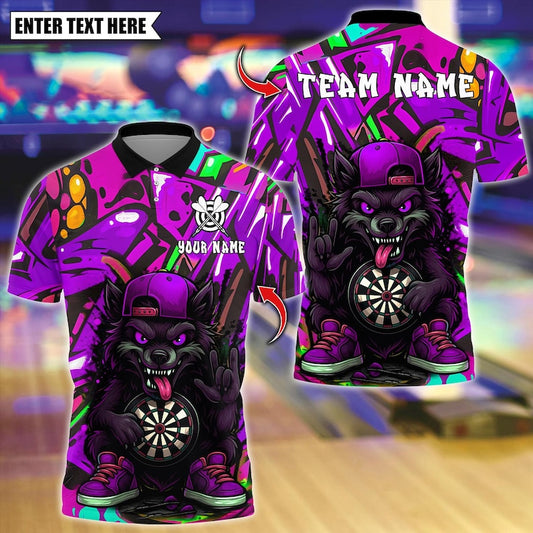 Personalized Name Dart Polo Shirt, Dart Cartoon Wolf Graffiti Multicolor Options Design ,Custom Team Shirt for Men, Gift for Darts Players