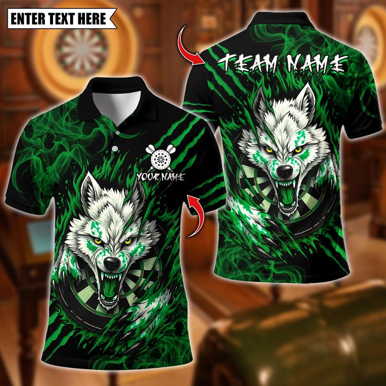 Personalized Name Dart Polo Shirt, White Wolf With Dartboard Design ,Custom Team Shirt for Men, Gift for Darts Players