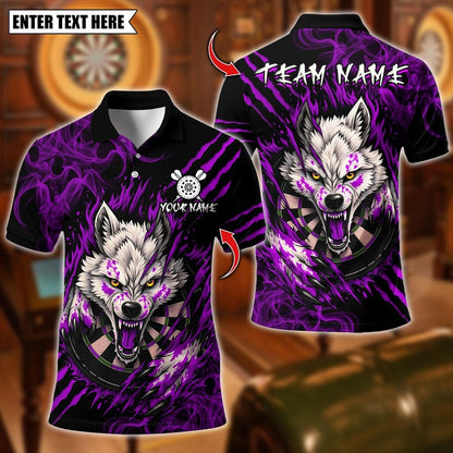 Personalized Name Dart Polo Shirt, White Wolf With Dartboard Design ,Custom Team Shirt for Men, Gift for Darts Players