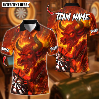 Personalized Name Dart Polo Shirt, Flame Bull With Fire Dartboard Design ,Custom Team Shirt for Men, Gift for Darts Players