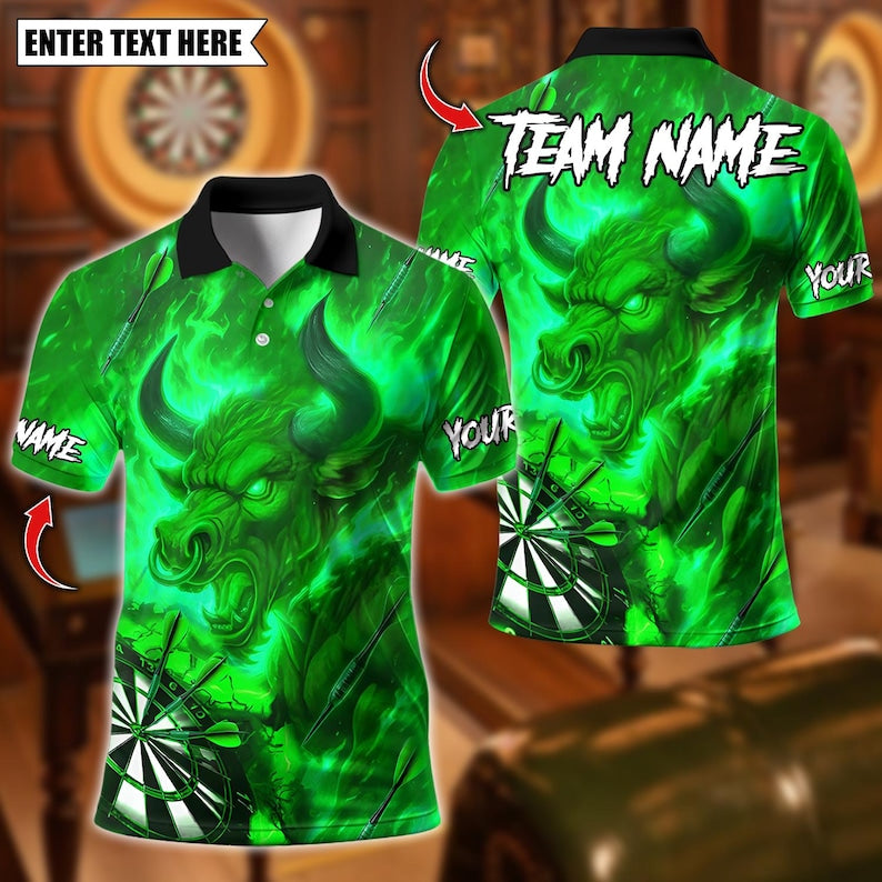 Personalized Name Dart Polo Shirt, Flame Bull With Fire Dartboard Design ,Custom Team Shirt for Men, Gift for Darts Players