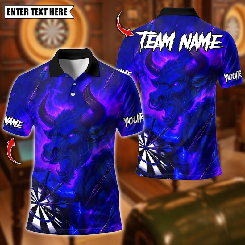 Personalized Name Dart Polo Shirt, Flame Bull With Fire Dartboard Design ,Custom Team Shirt for Men, Gift for Darts Players