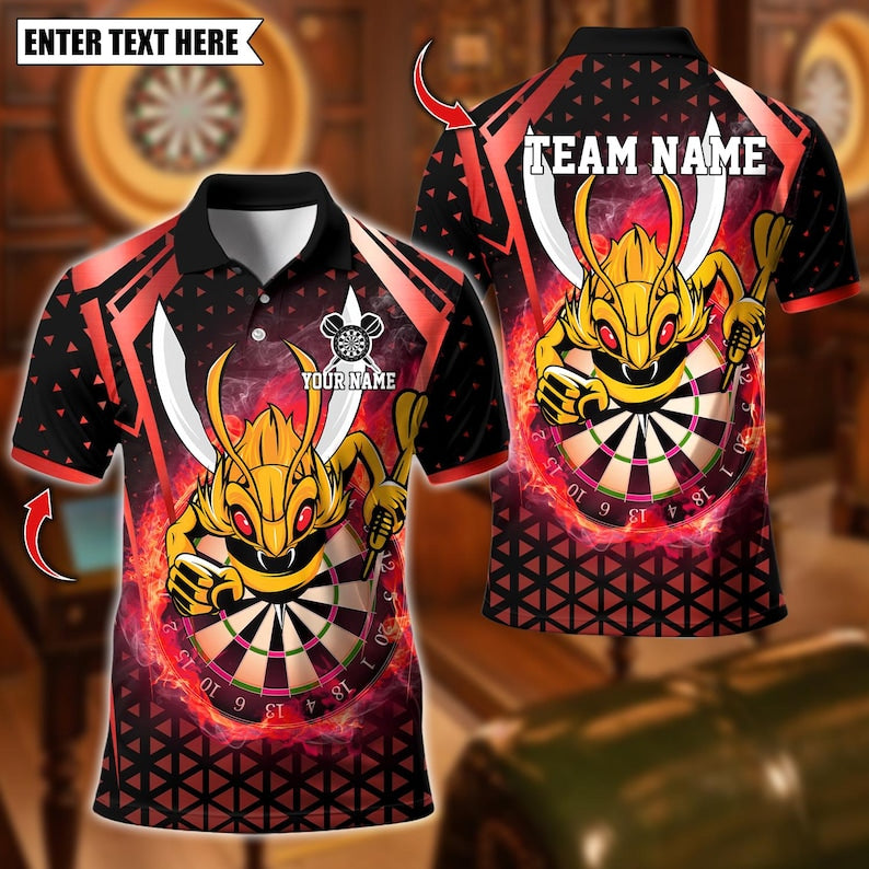 Personalized Name Dart Polo Shirt, Yellow Hornet Power With Dartboard Design ,Custom Team Shirt for Men, Gift for Darts Players