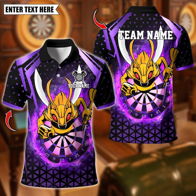 Personalized Name Dart Polo Shirt, Yellow Hornet Power With Dartboard Design ,Custom Team Shirt for Men, Gift for Darts Players